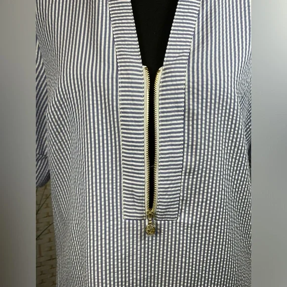 EUC Anne Klein SeerSucker Shirtdress w/Cuff Sleeves & Zipper Front- Sz 8 - Picture 3 of 7